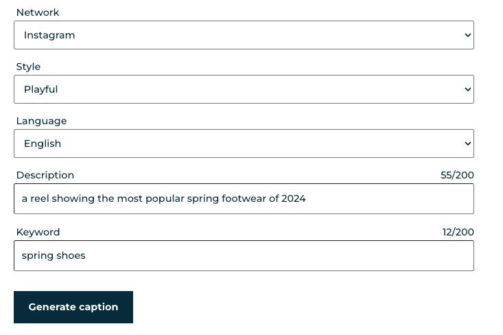 An example of how you can use the SEO caption generator. The prompt says "a reel showing the most popular spring footwear of 2024", 