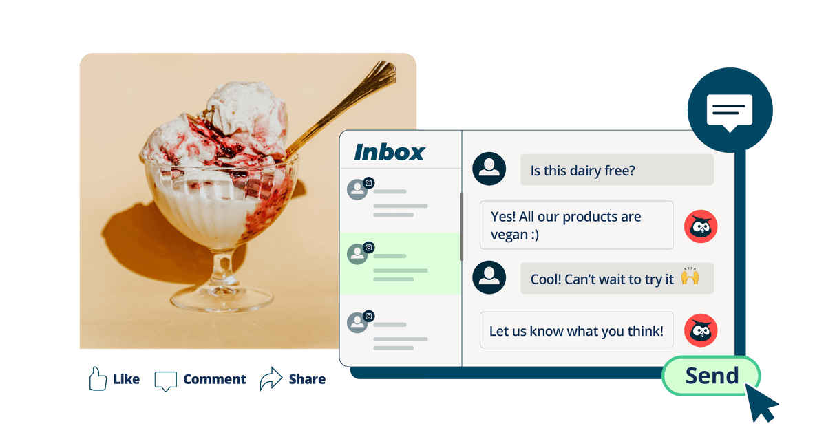 Graphic depicting Hootsuite's inbox manager with a picture of an ice cream sundae and chat window