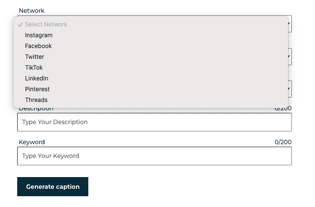 Network selector dropdown menu showing different social media platform options