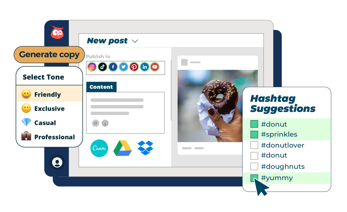 Transparent graphic depicting the Hootsuite dashboard with Composer, hashtag suggestions, and content ideas