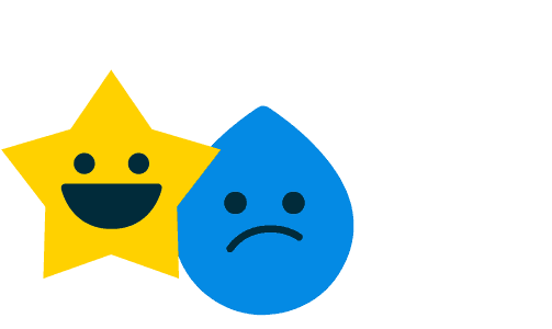 cartoon yellow star with smiley face, and blue water drop with sad face