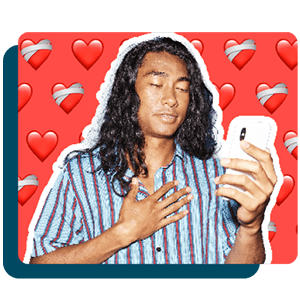 Man looking at phone with hearts in the background