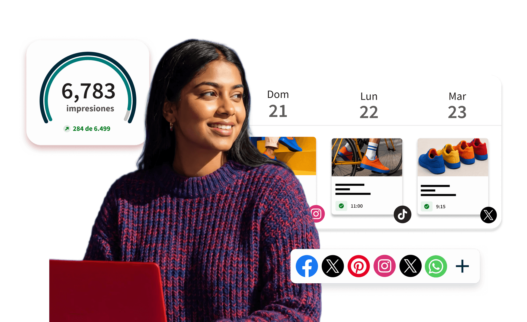 Una mujer frente al panel de control de Hootsuite con búsqueda rápida, autores, sentimiento e interacción