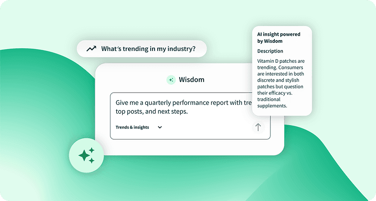 A UI showing an AI tool called Wisdom answering industry trend queries, with an insight card about Vitamin D patches on a green background.