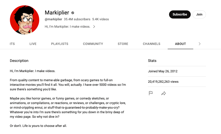 Markiplier-Kanalbeschreibung auf YouTube