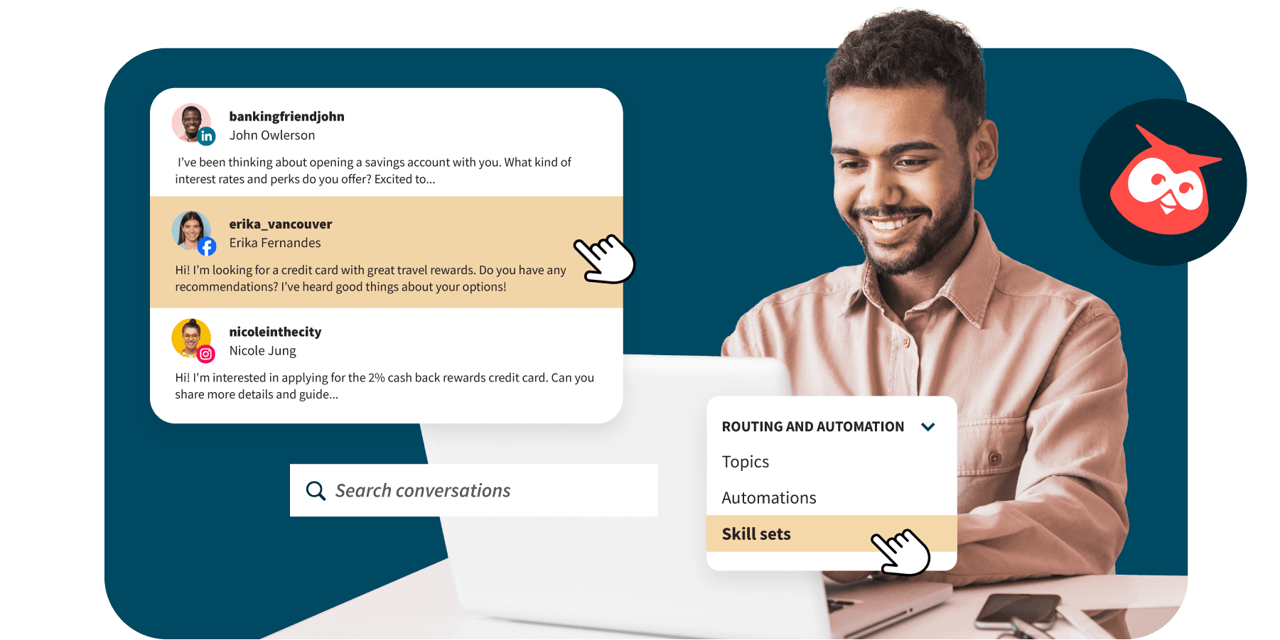 Homem com notebook usando o Hootsuite Inbox