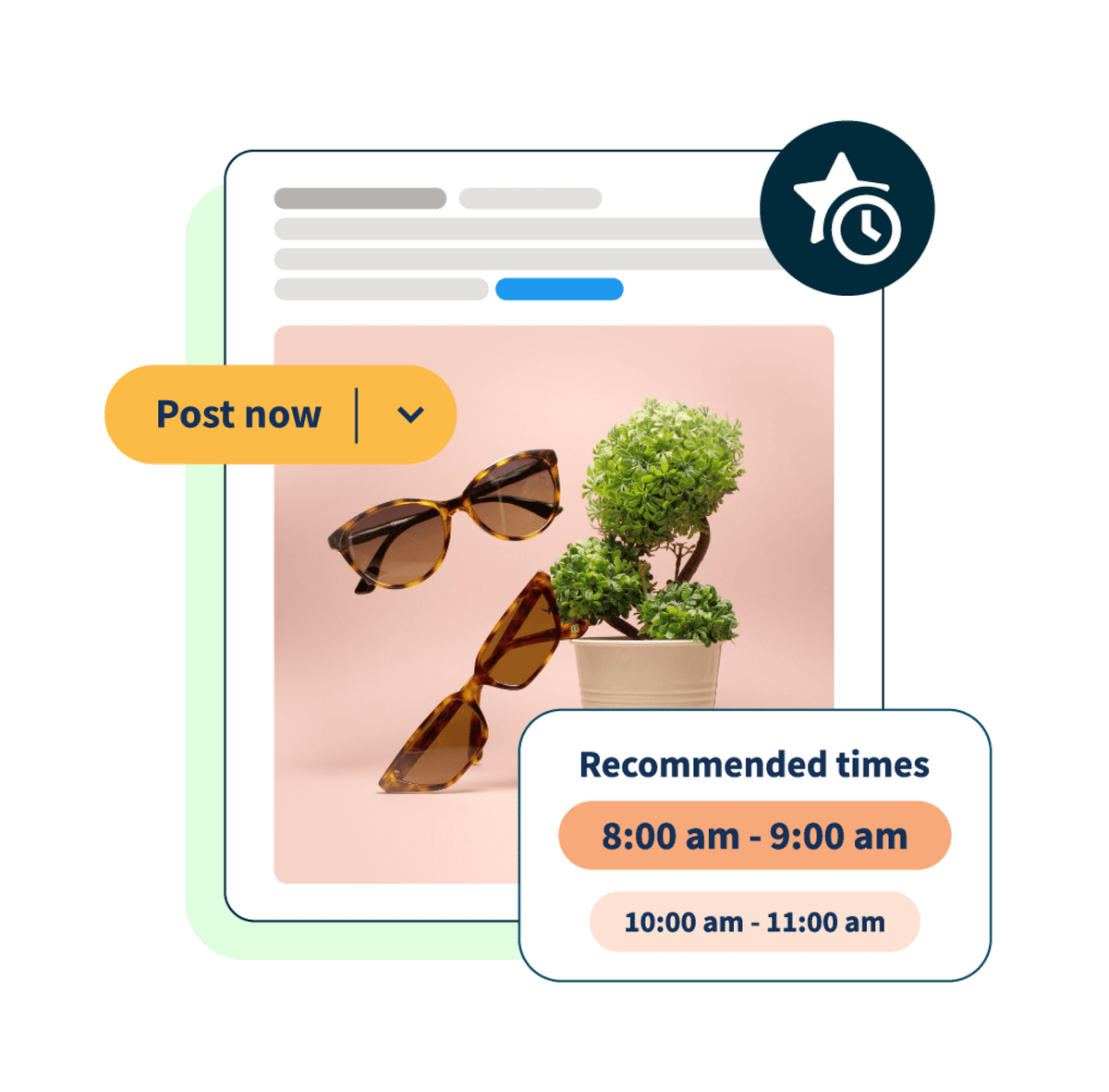 publication de lunettes de soleil sur les médias sociaux avec des fenêtres pop-up « heures recommandées » et « publier maintenant »