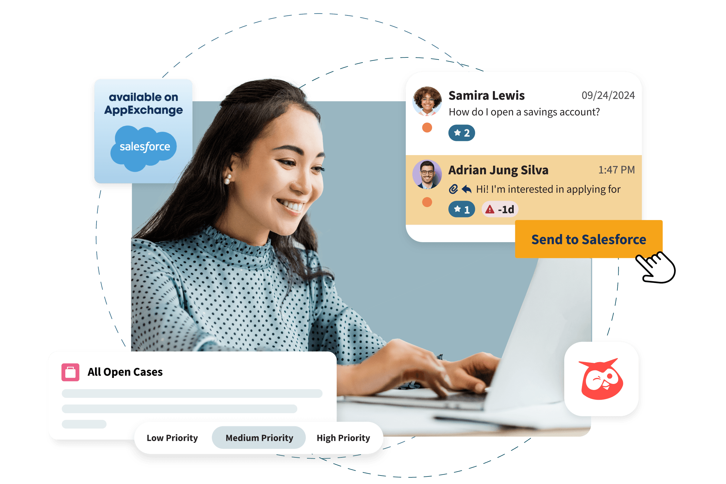 Mulher no notebook usando a integração Salesforce da Hootsuite