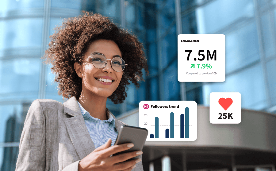 Femme tenant un téléphone entourée de graphiques et de diagrammes