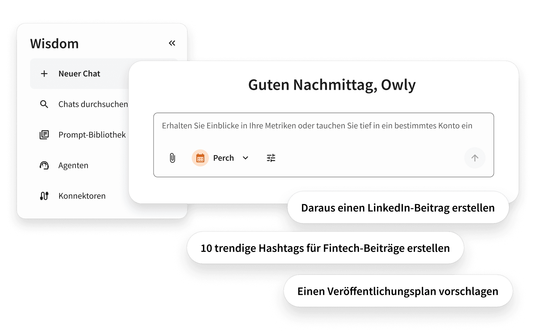 A chat interface called Wisdom showing AI prompt suggestions for LinkedIn posts, hashtags, and posting schedules.
