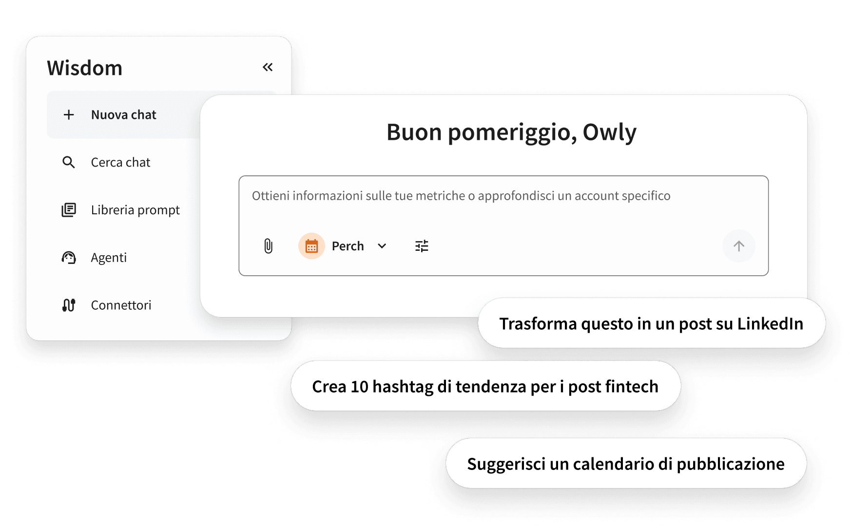 A chat interface called Wisdom showing AI prompt suggestions for LinkedIn posts, hashtags, and posting schedules.