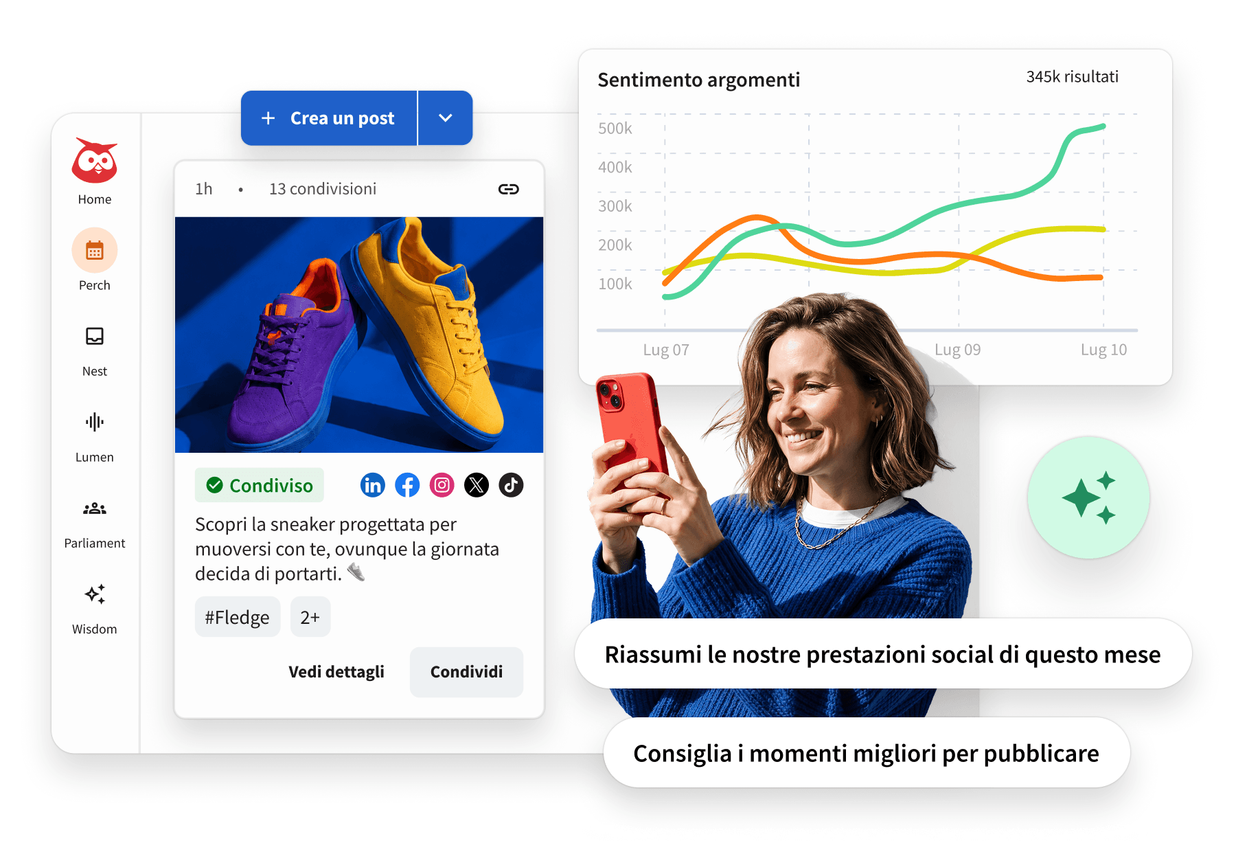 A woman smiles at her phone beside Hootsuite dashboard screens showing a sneaker post, sentiment analytics chart, and AI prompts.