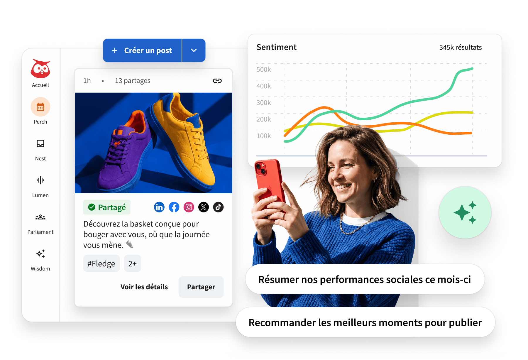 A woman smiles at her phone beside Hootsuite dashboard screens showing a sneaker post, sentiment analytics chart, and AI prompts.