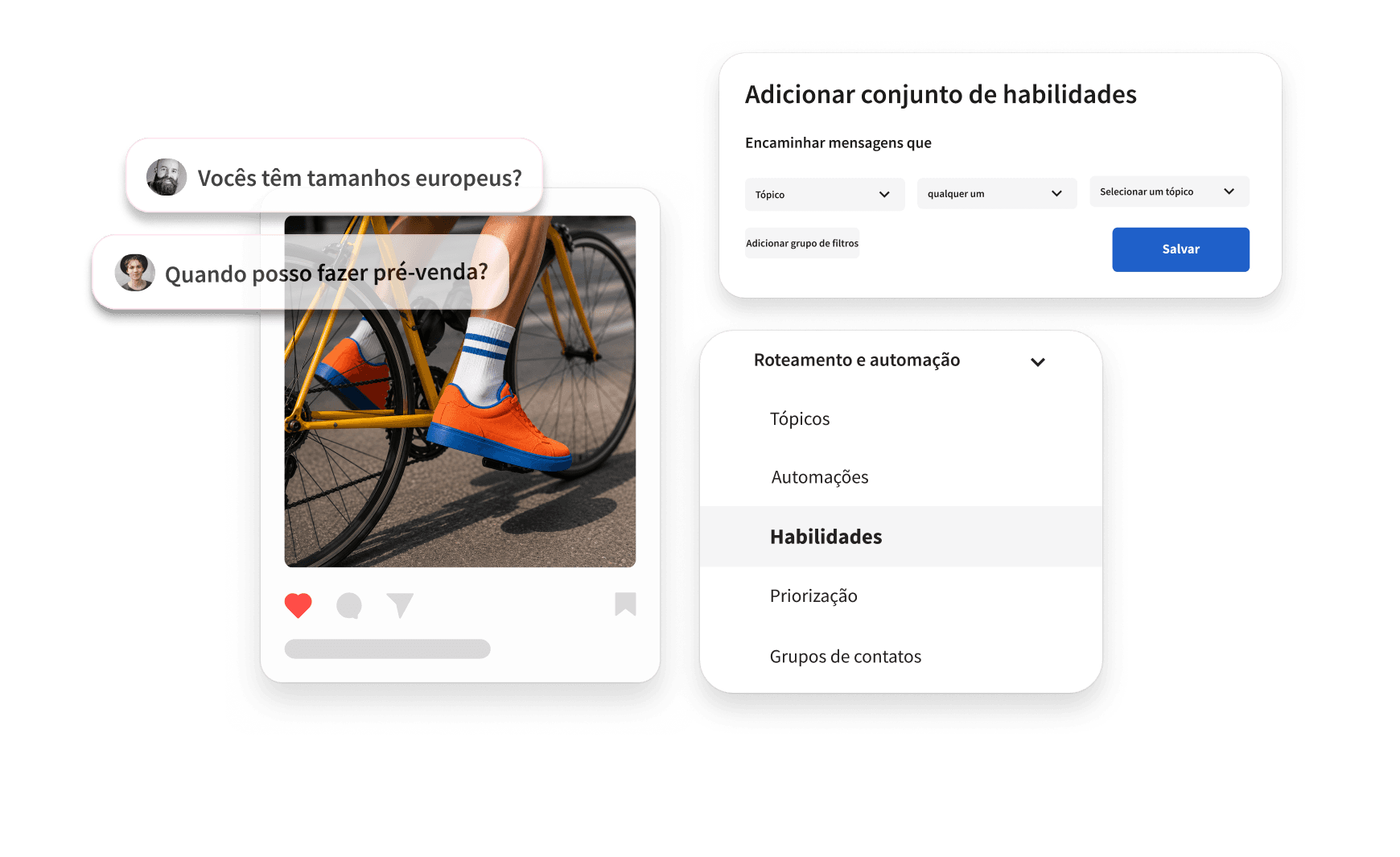 UI showing customer chat messages, a cyclist photo, and a routing automation panel with skill set configuration options.