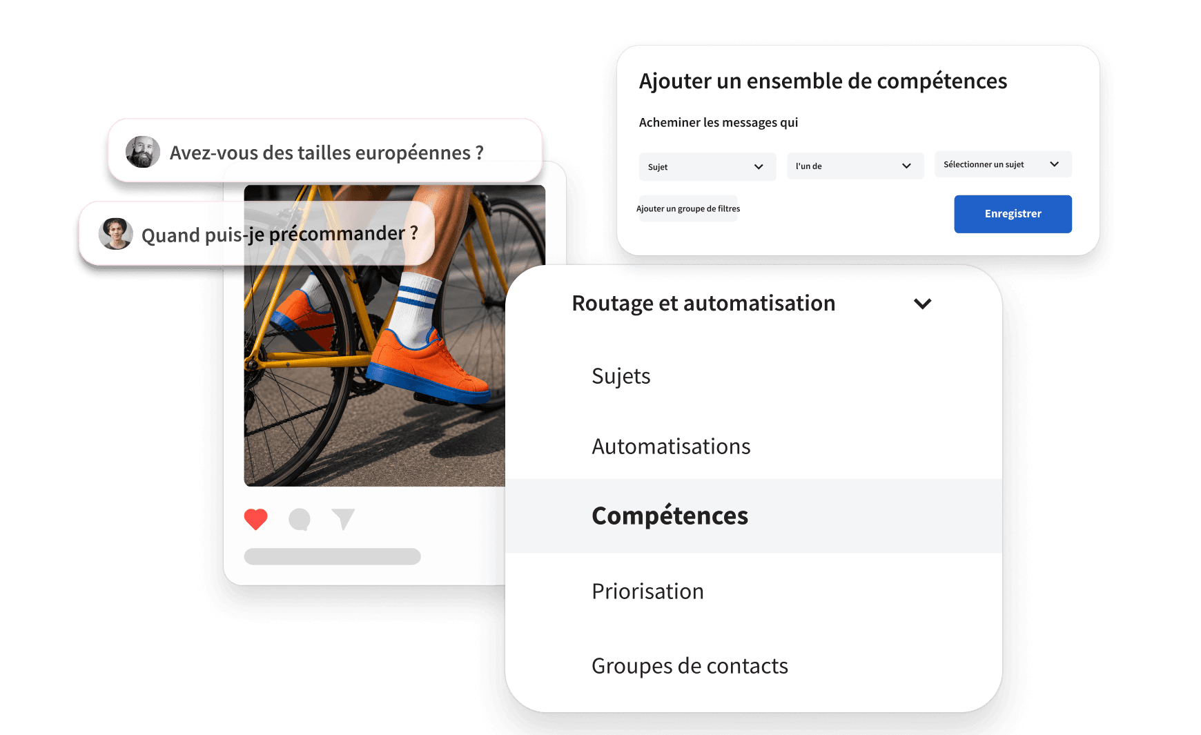 UI showing customer chat messages, a cyclist photo, and a routing automation panel with skill set configuration options.