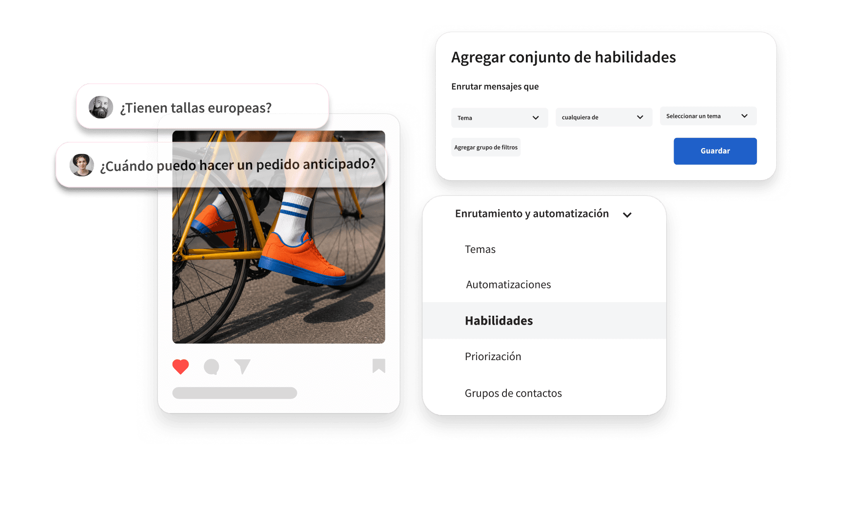 UI showing customer chat messages, a cyclist photo, and a routing automation panel with skill set configuration options.