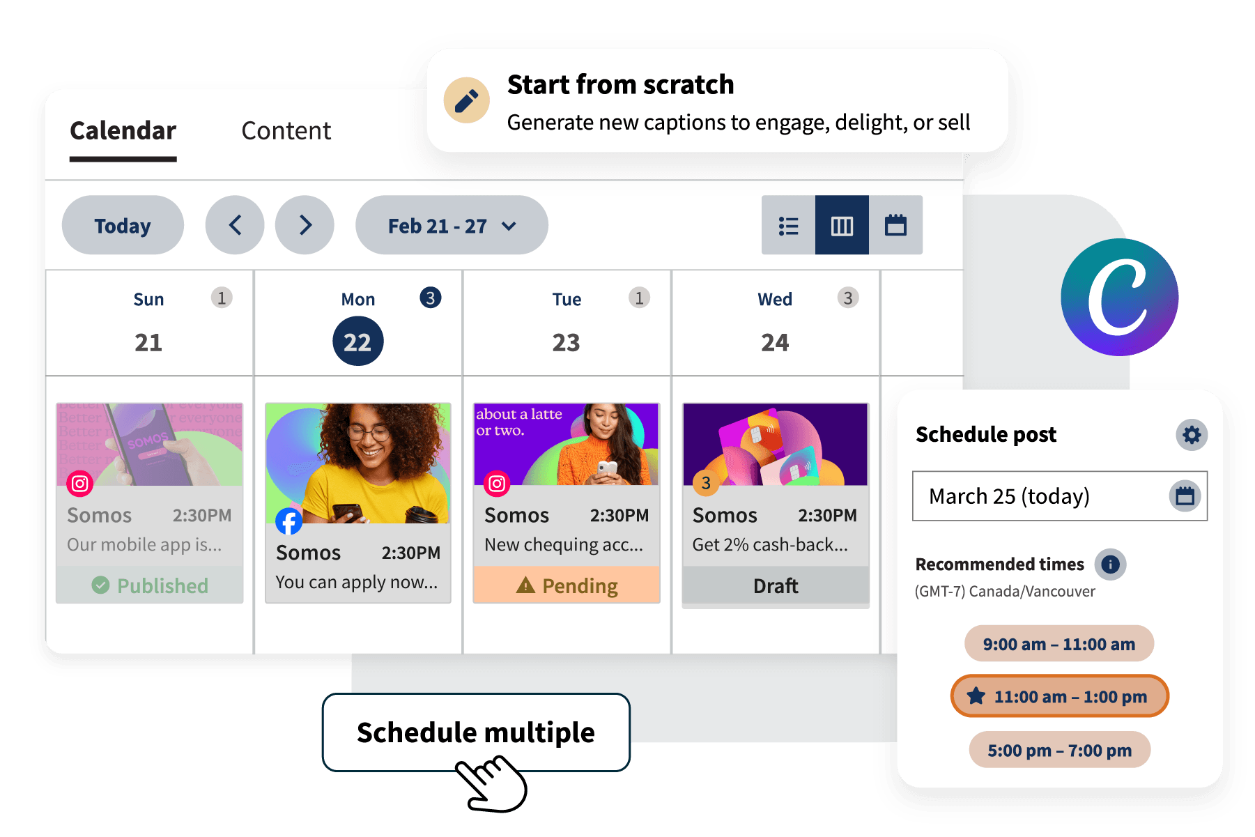 Painel de controle de publicação do Hootsuite com agendamento múltiplo, logotipo do Canva e mais