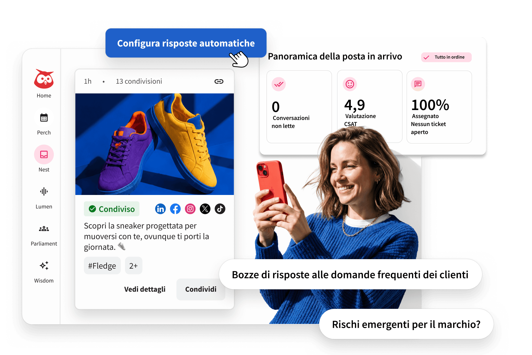 A social media dashboard showing automated responses, inbox overview stats, and a smiling woman in blue holding a red phone.