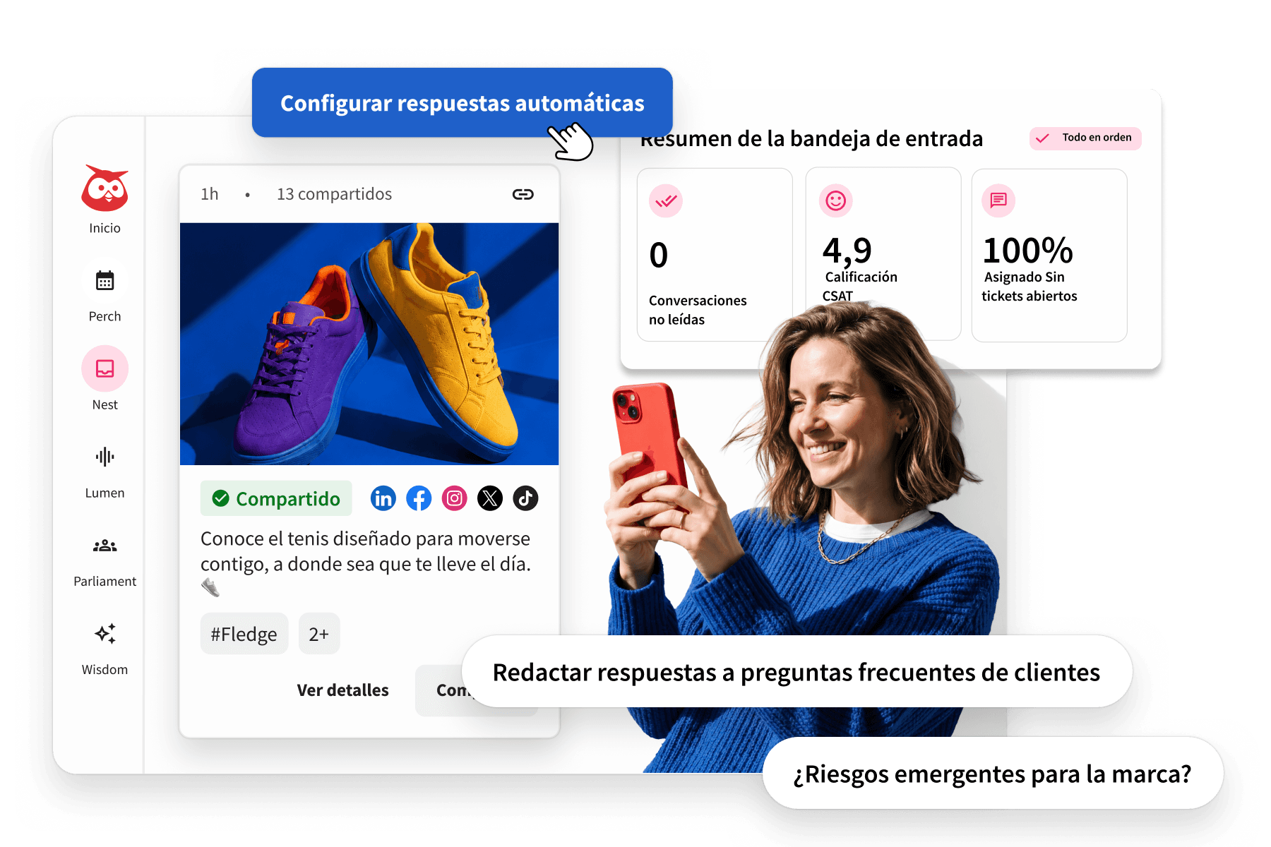 A social media dashboard showing automated responses, inbox overview stats, and a smiling woman in blue holding a red phone.