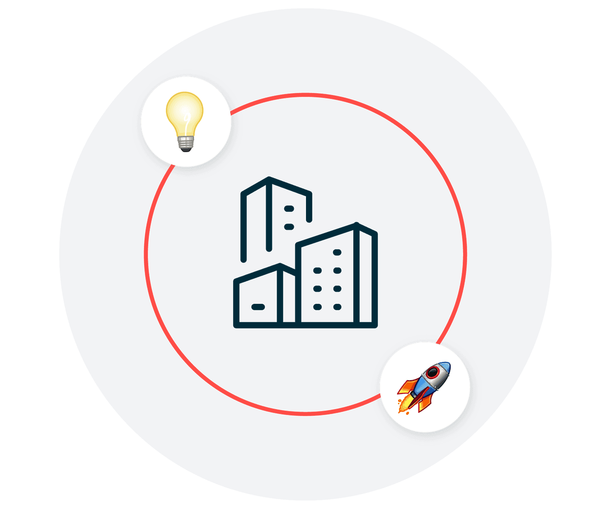 Circular diagram showing building icon connected to lightbulb and rocket icons by red line on dark blue background