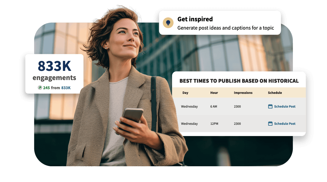 Eine Frau mit kurzen Haaren hält ein Smartphone; Social Media-Analysen und Planungsdaten werden neben ihr angezeigt.