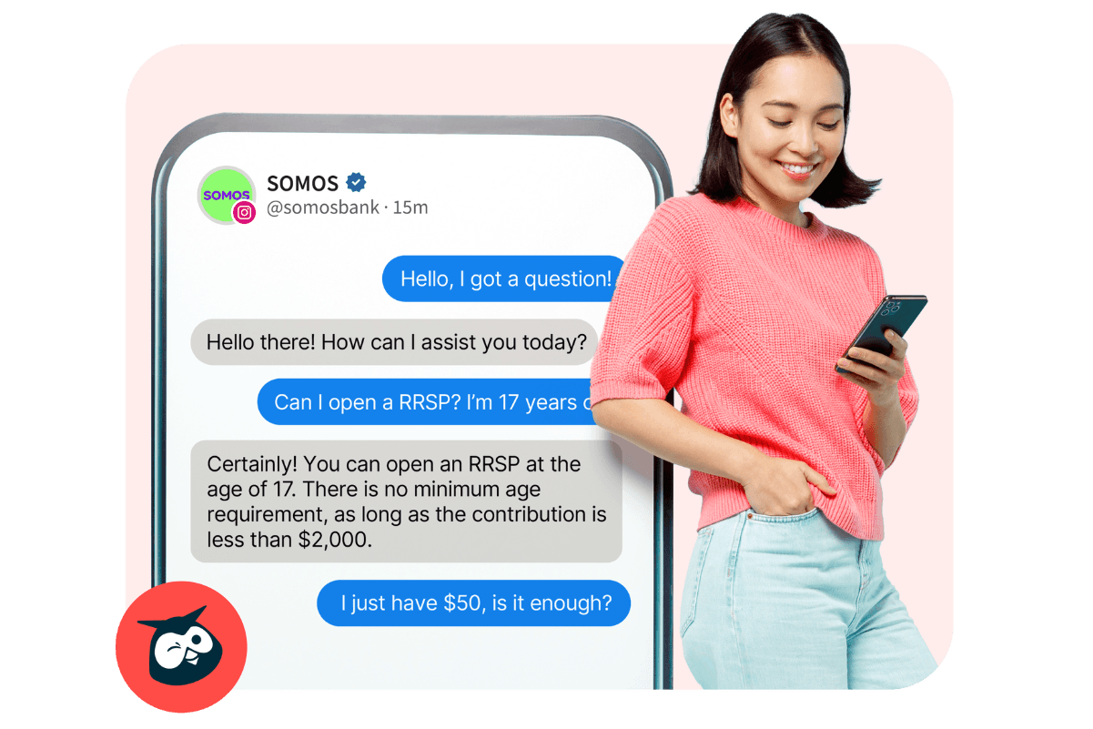 Jovem mulher com suéter coral sorrindo ao telefone, mostrando uma conversa sobre a abertura de uma conta RRSP no Somos Bank