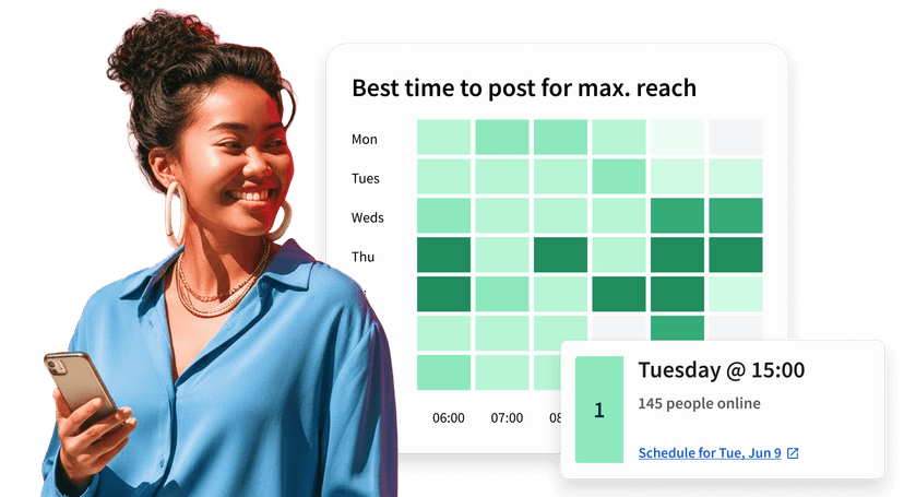 A social media scheduling UI showing a green heatmap of best posting times by day, with a Schedule Now button and engagement goals.