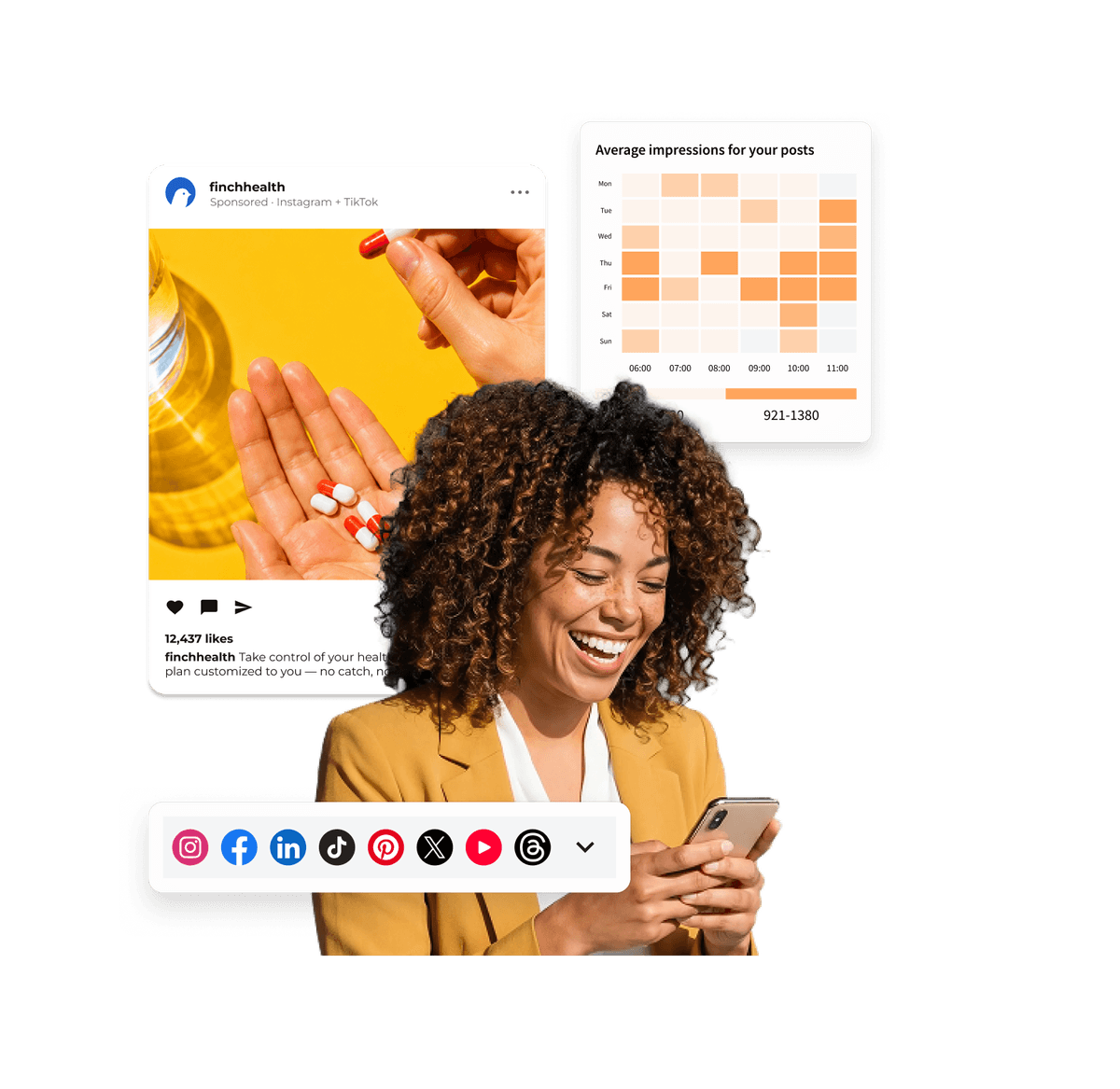 A smiling woman holds a phone, surrounded by social media post analytics, platform icons, and an impressions chart.