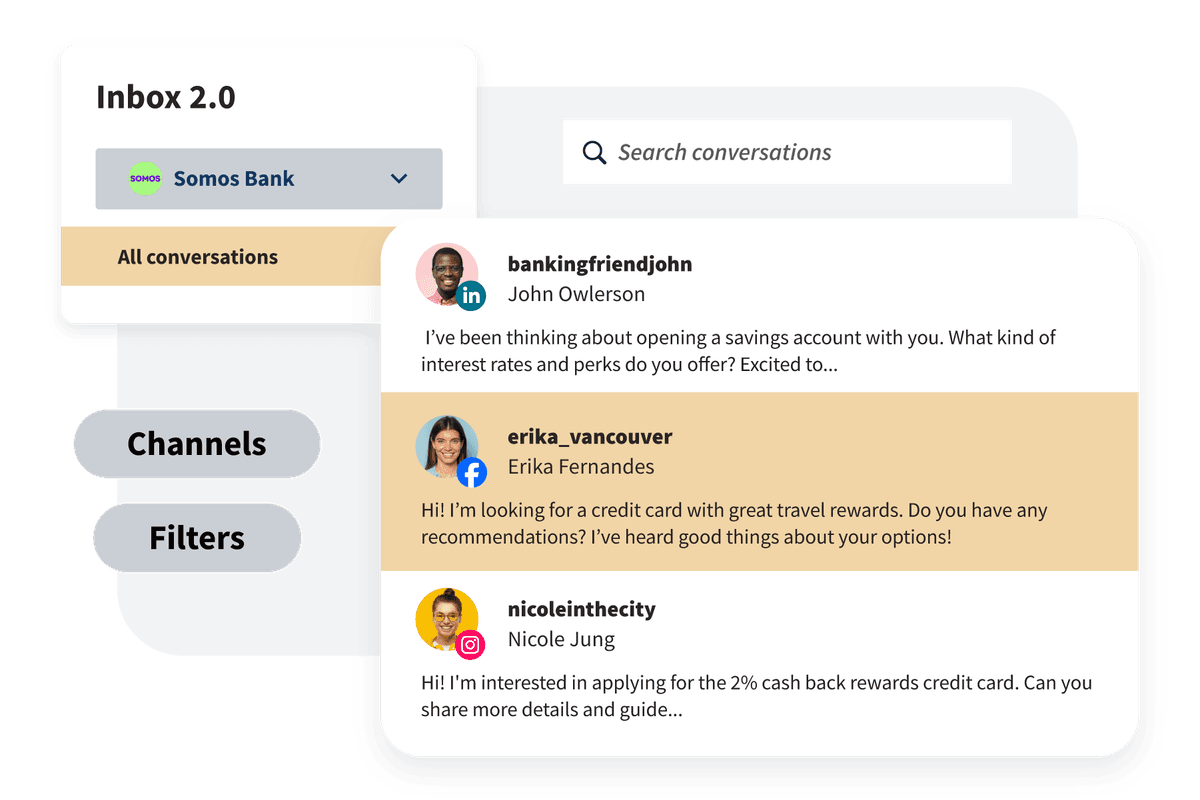 Hootsuite Inbox 2.0 exibindo filtros, canais e busca