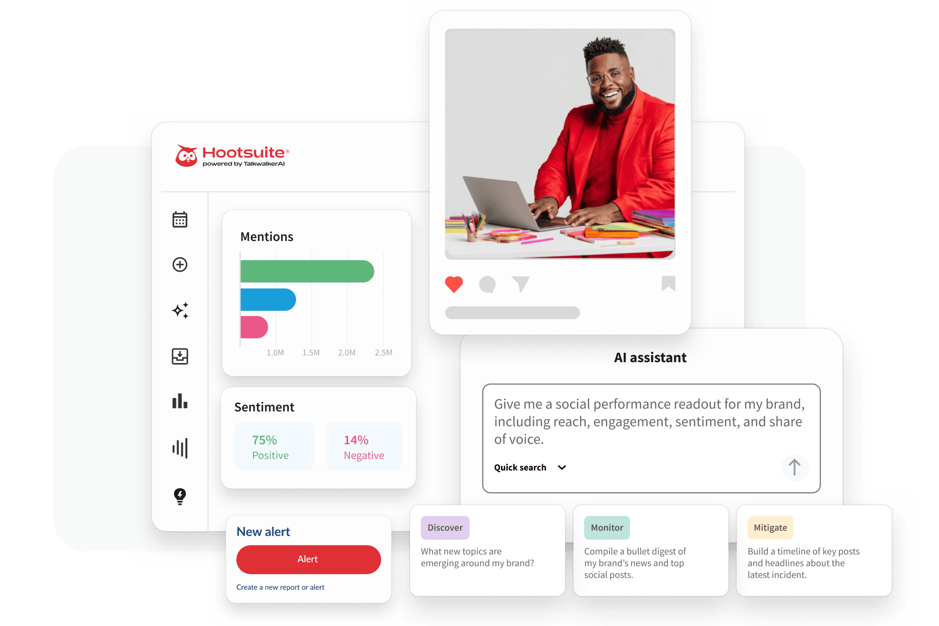 Hootsuite dashboard showing social media analytics, AI assistant, and a smiling man in a red jacket using a laptop.