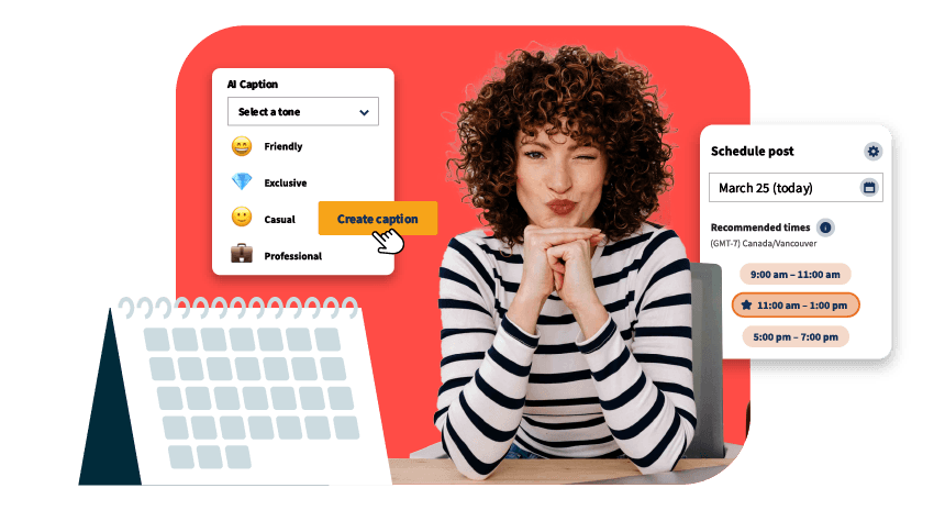 Mann am Laptop, umgeben von Hootsuite-Funktionen wie Planung, Analysen und Content-KI