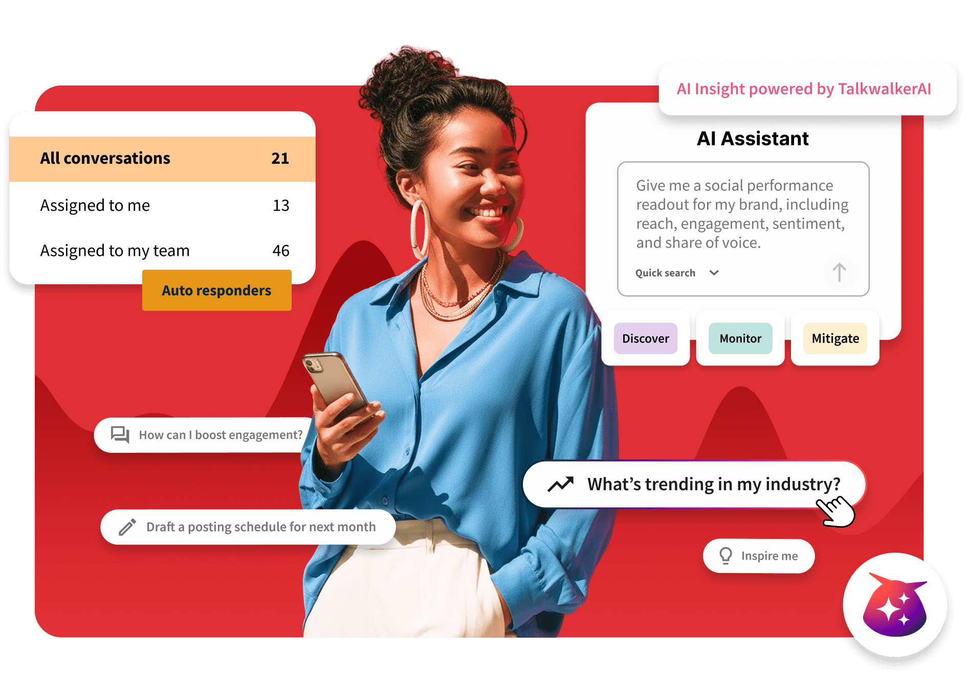 Woman in blue shirt holding phone, surrounded by Talkwalker AI social media management dashboard UI on red background.