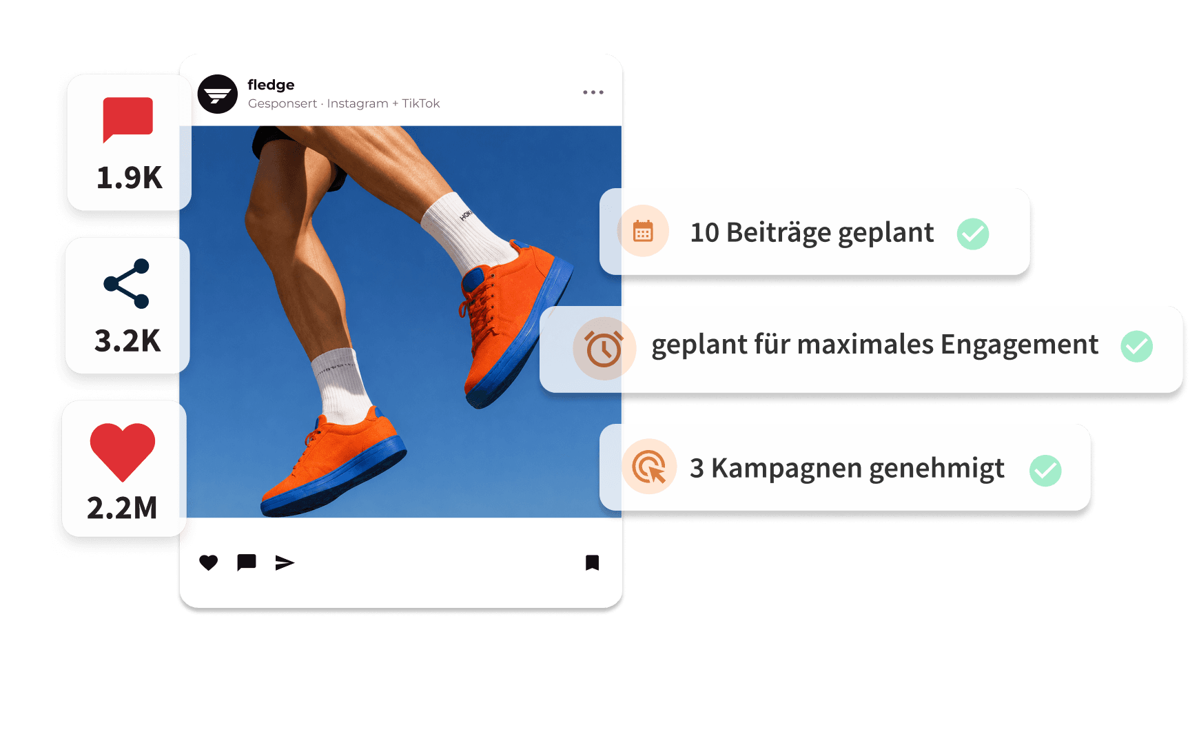Social media dashboard showing a sponsored sneaker post with engagement stats and campaign scheduling notifications.