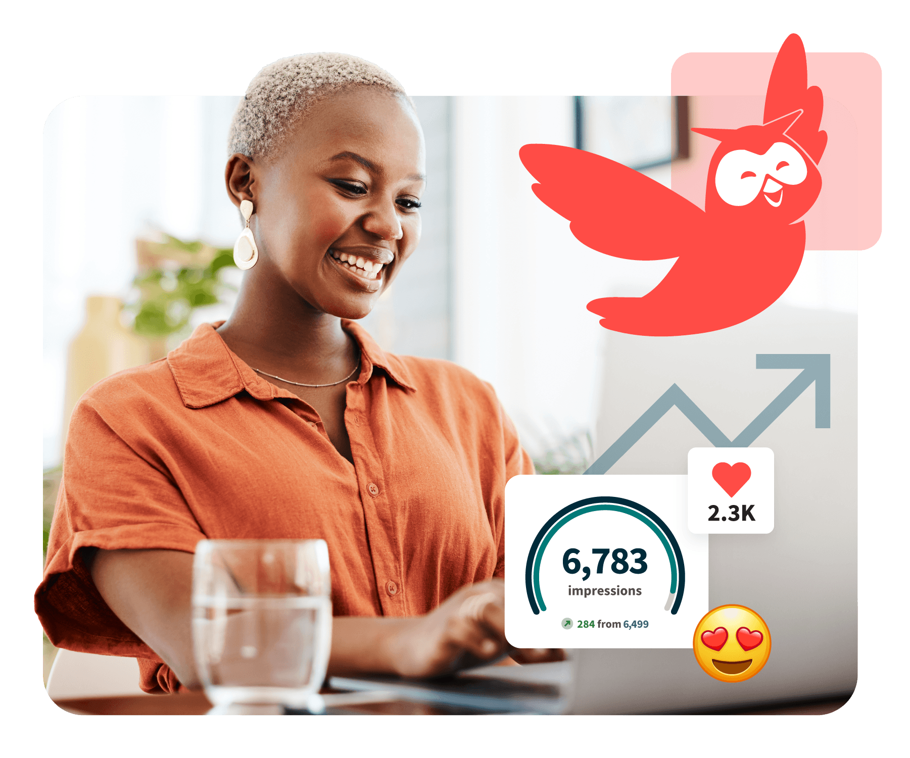 Professional in orange shirt at desk with social media metrics overlay showing 6,783 impressions and engagement icons