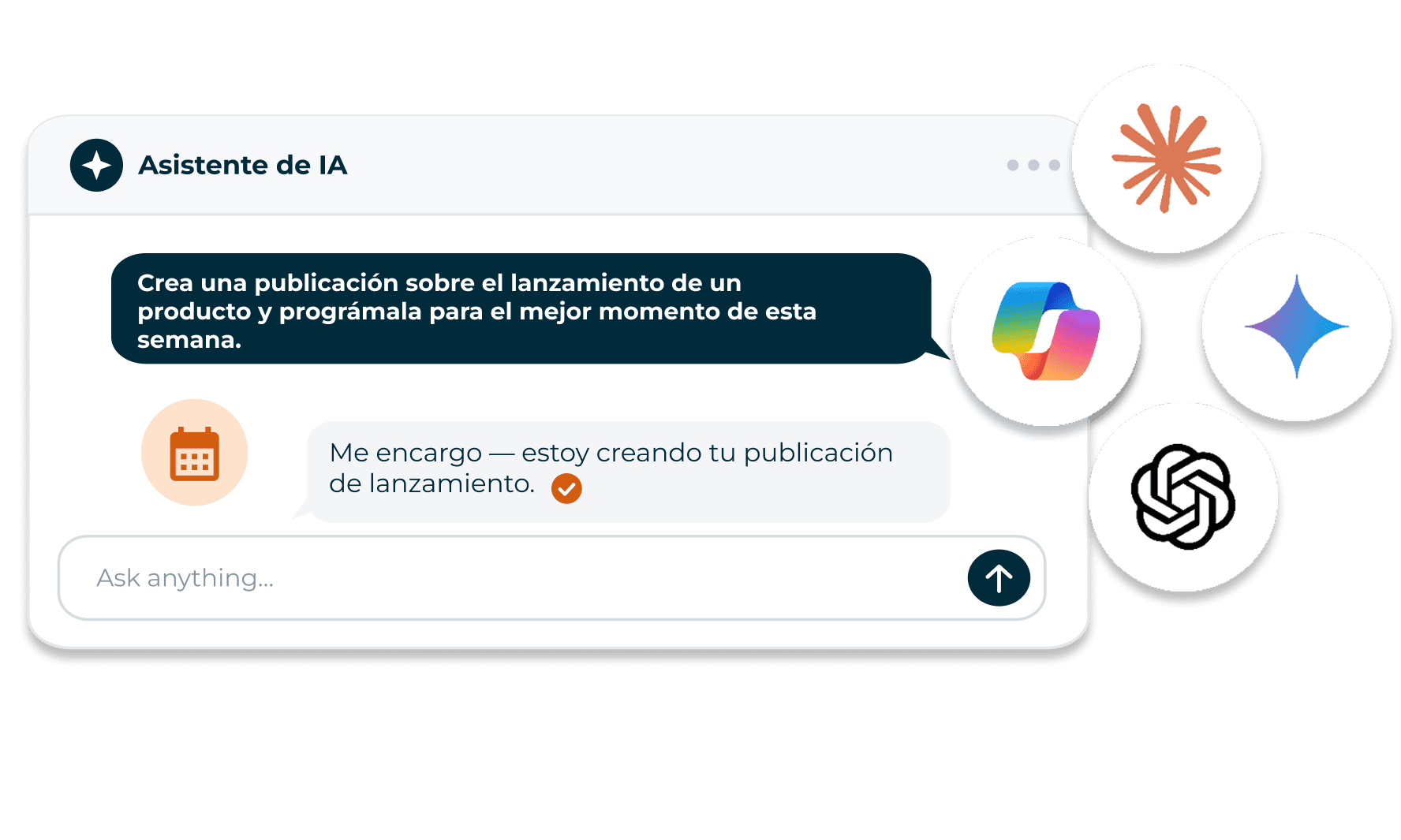 AI assistant chat interface drafting a product launch post, with AI tool logos including Claude, Copilot, and ChatGPT nearby.