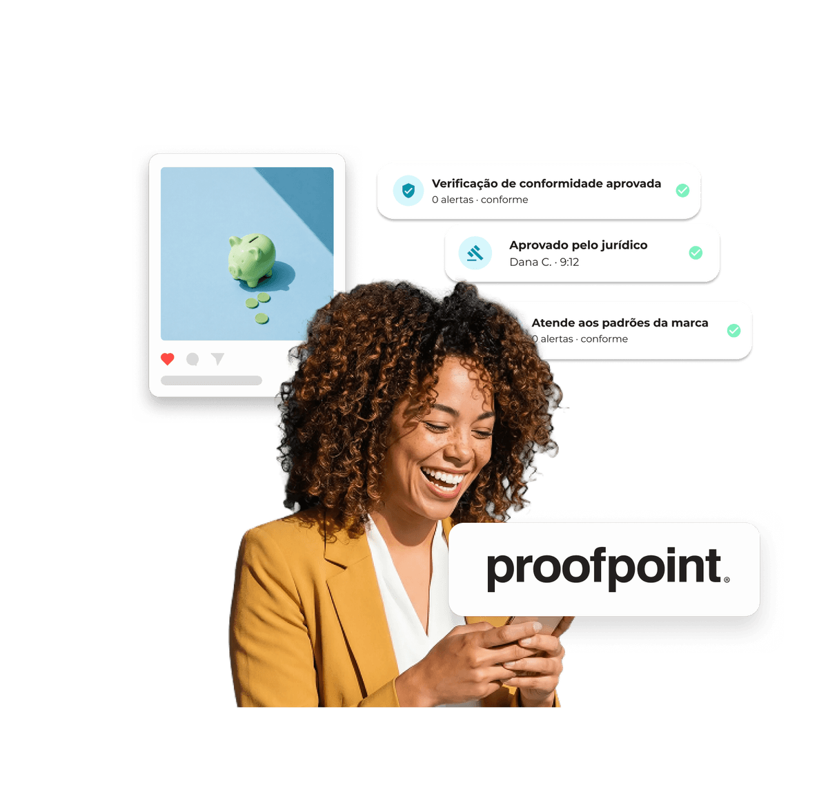 Postagem em rede social com o logotipo da Proofpoint e processo de aprovação