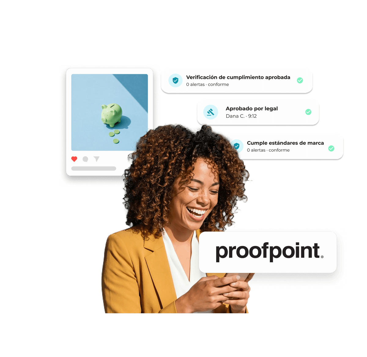 Publicación en redes sociales con el logotipo de Proofpoint y el proceso de aprobación