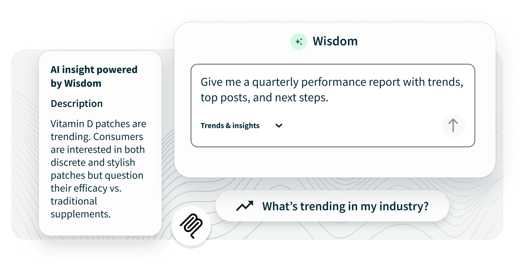 UI screenshot of Wisdom AI tool showing a query input and an AI-generated insight about Vitamin D patch trends.