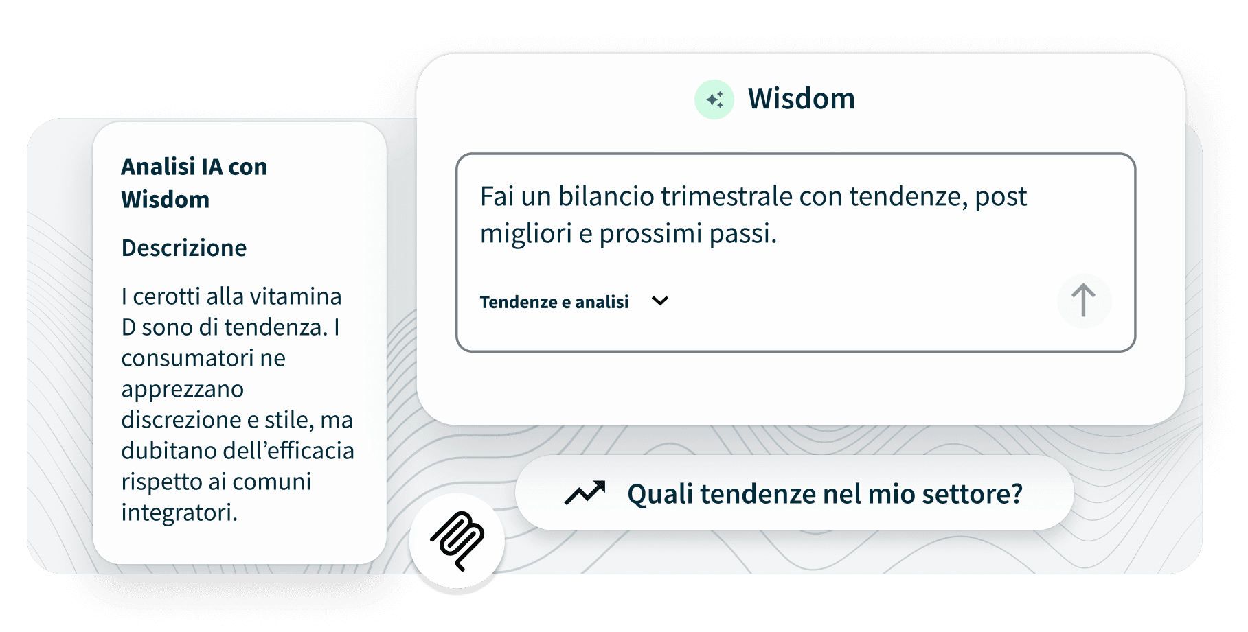 UI screenshot of Wisdom AI tool showing a query input and an AI-generated insight about Vitamin D patch trends.