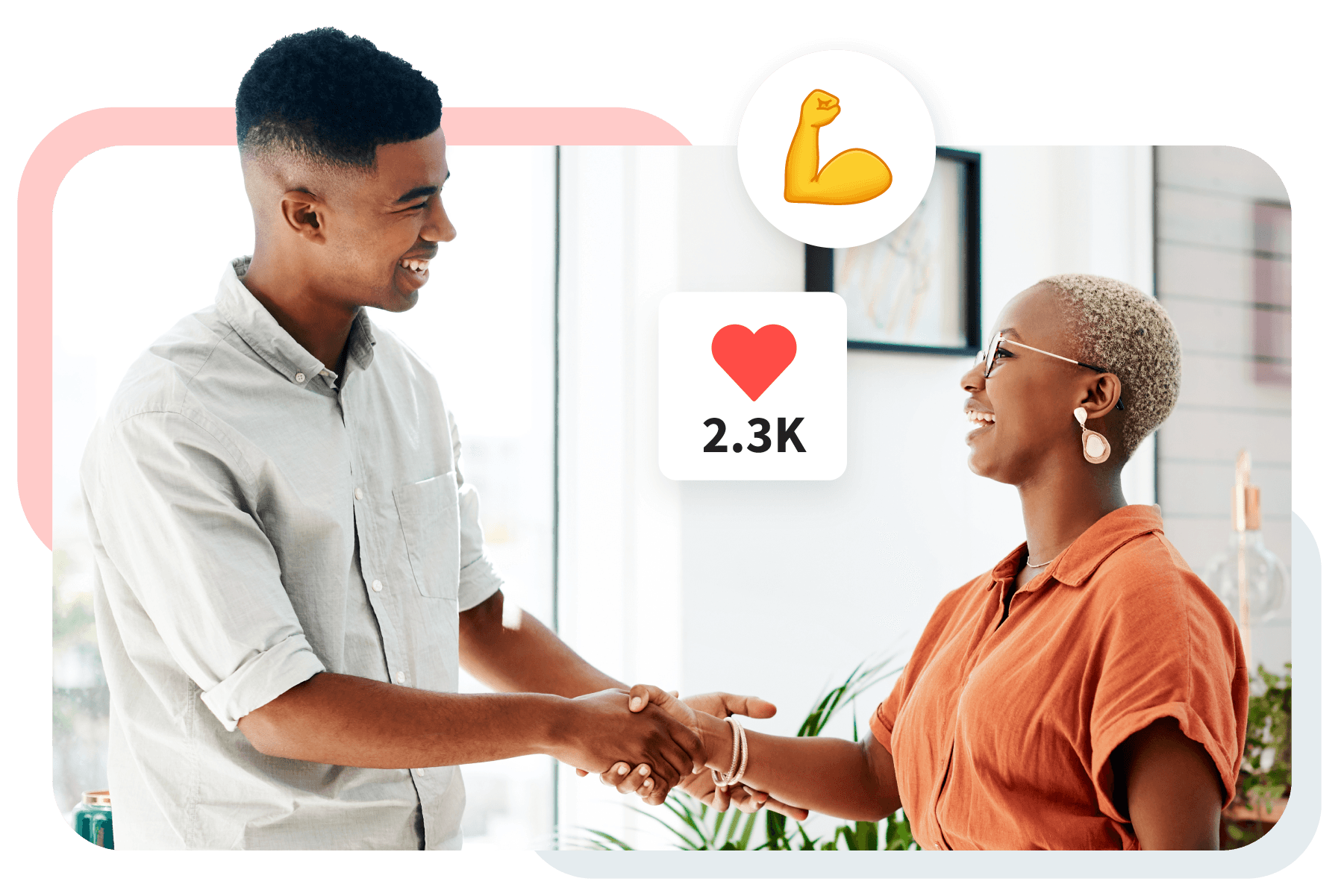 Two professionals shaking hands and smiling in bright office setting, with social media-style heart icon showing 2.3K likes