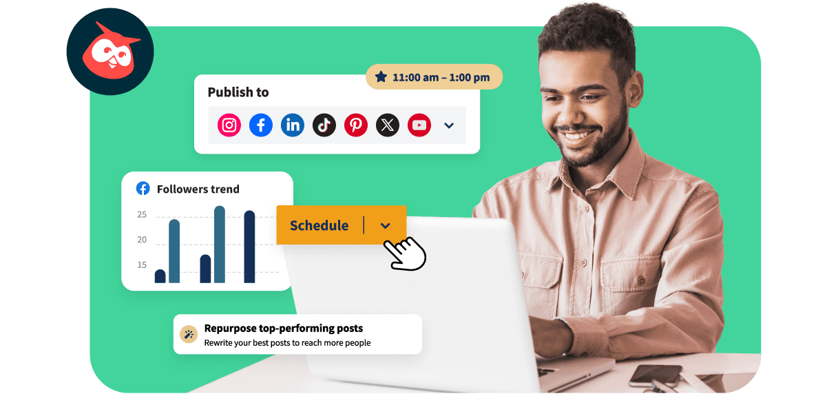 Homem feliz usando notebook, com imagens de exemplo das ferramentas do Hootsuite sobrepostas.