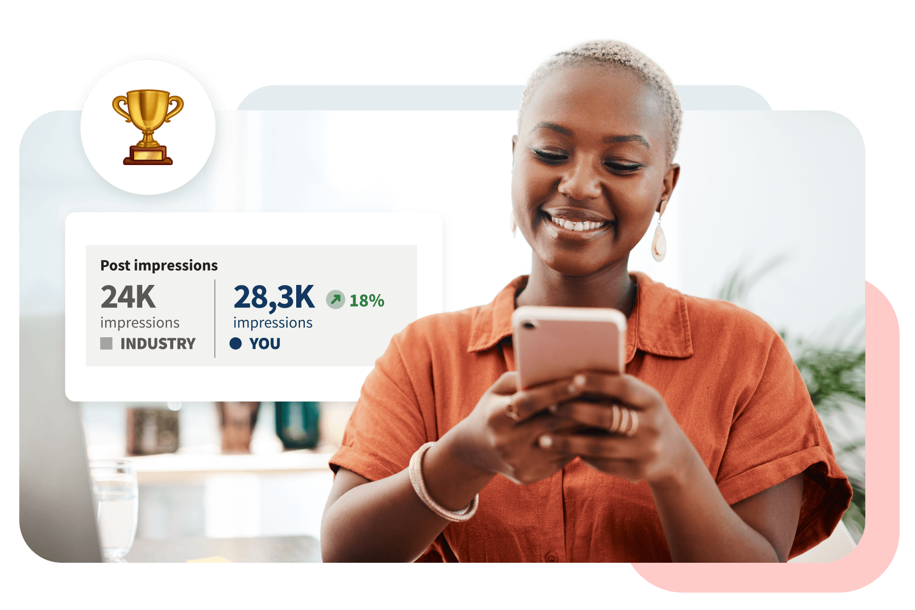 Smiling person in orange shirt checking social media stats showing 18% higher impressions than industry average of 24K