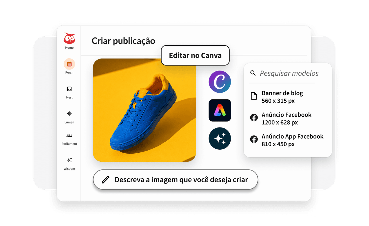 Calendário de conteúdo do Hootsuite com redator de IA, logotipo do Canva e melhores horários para publicar
