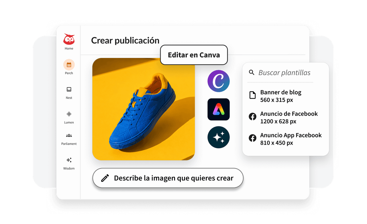 Calendario de contenido de Hootsuite con redactor de IA, logotipo de Canva y los mejores momentos para publicar