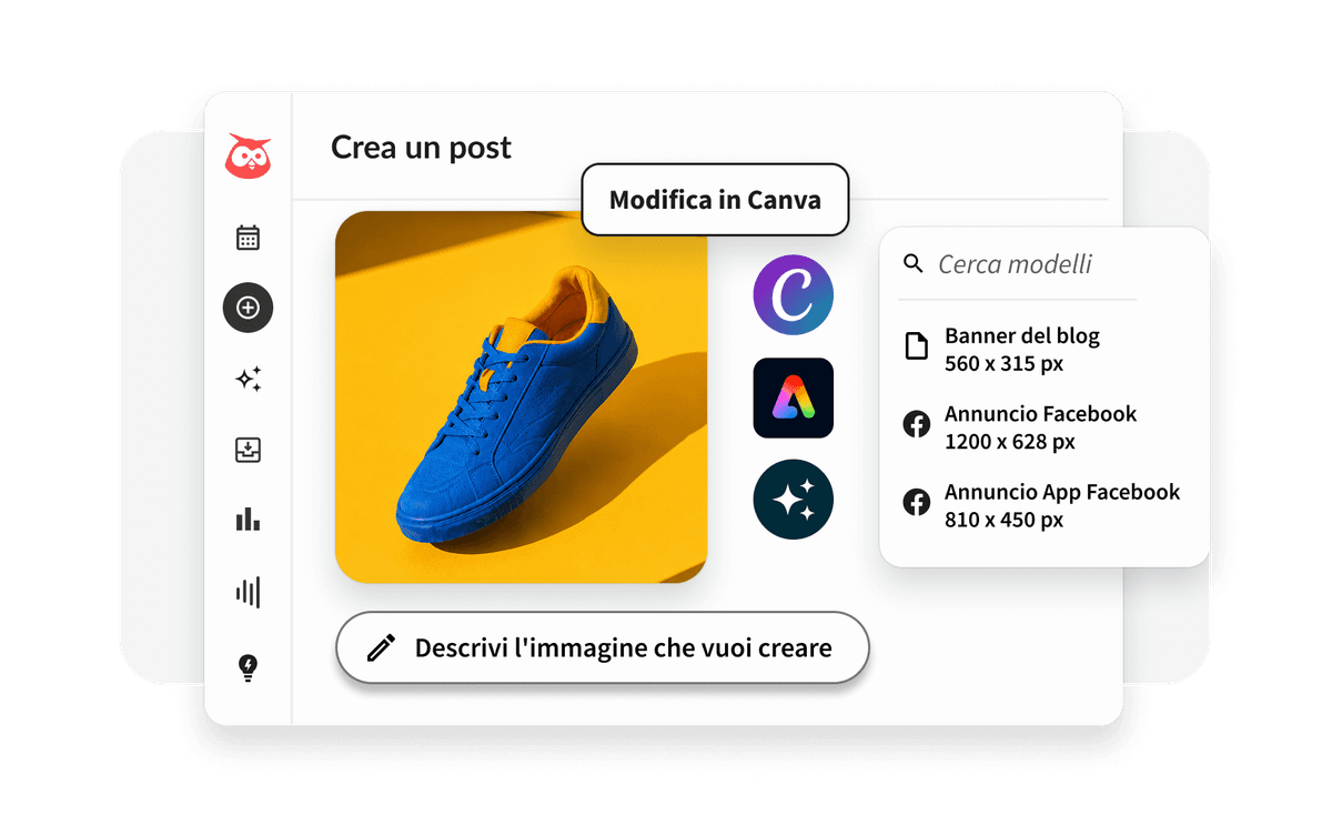 Calendario dei contenuti di Hootsuite con scrittore AI, logo di Canva e orari migliori per pubblicare