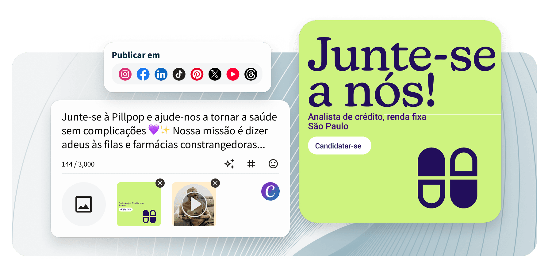 Social media publishing tool showing a post composer with platform icons and a green job ad card reading Join our team.
