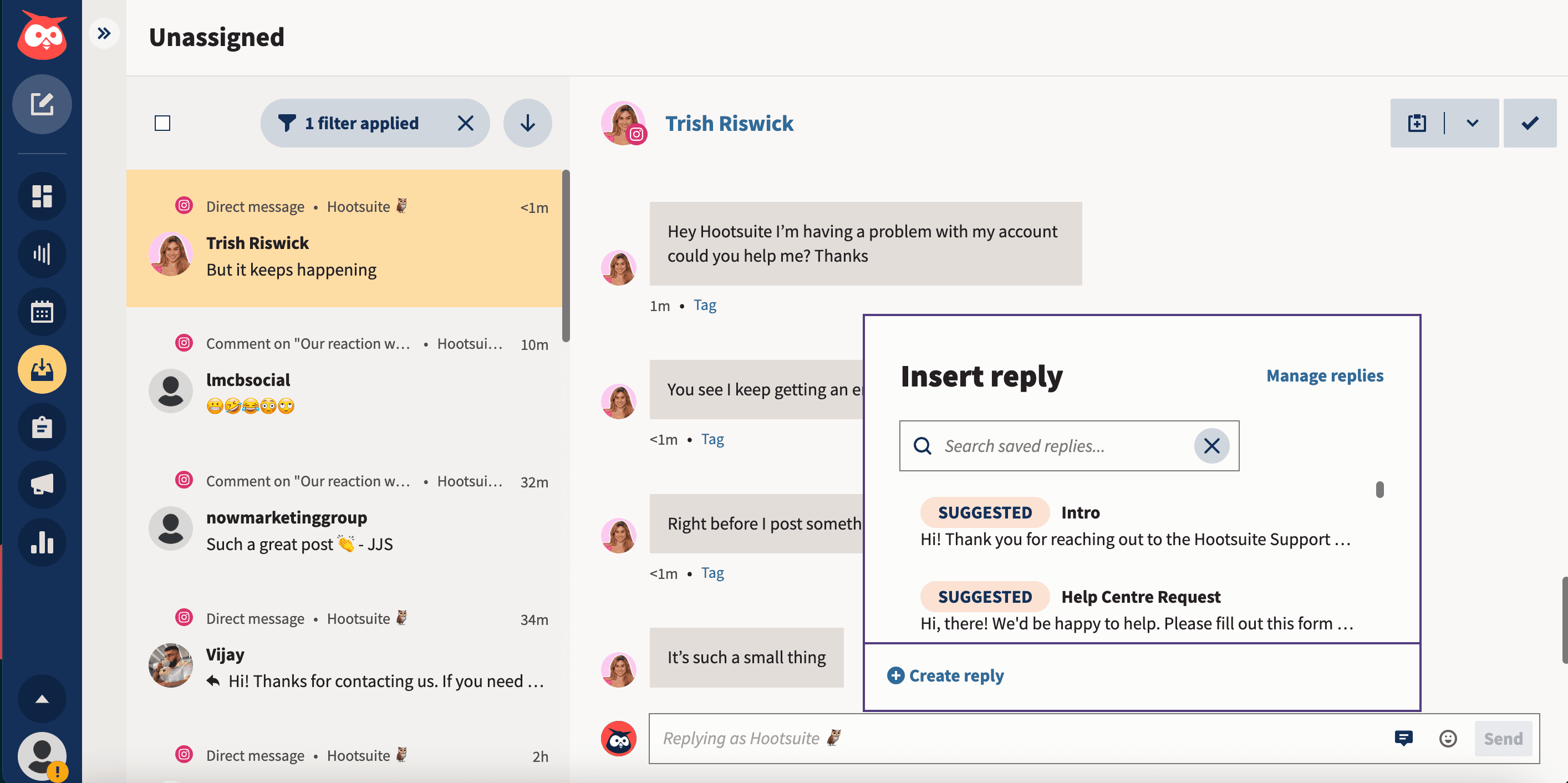 Screenshot eines Hootsuite-Posteingangs, insbesondere der „nicht zugewiesenen“ Nachrichten