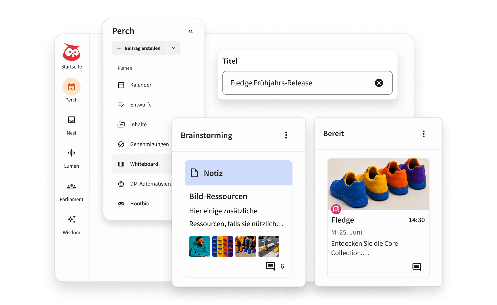 Hootsuite Perch dashboard showing content planning tools with brainstorm notes and a colorful sneaker post ready for Instagram.