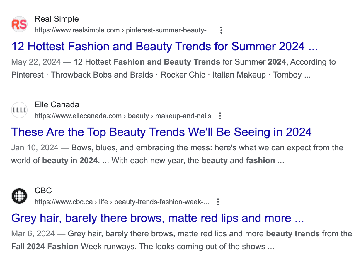 capture d'écran des résultats de recherche Google pour « tendances mode »