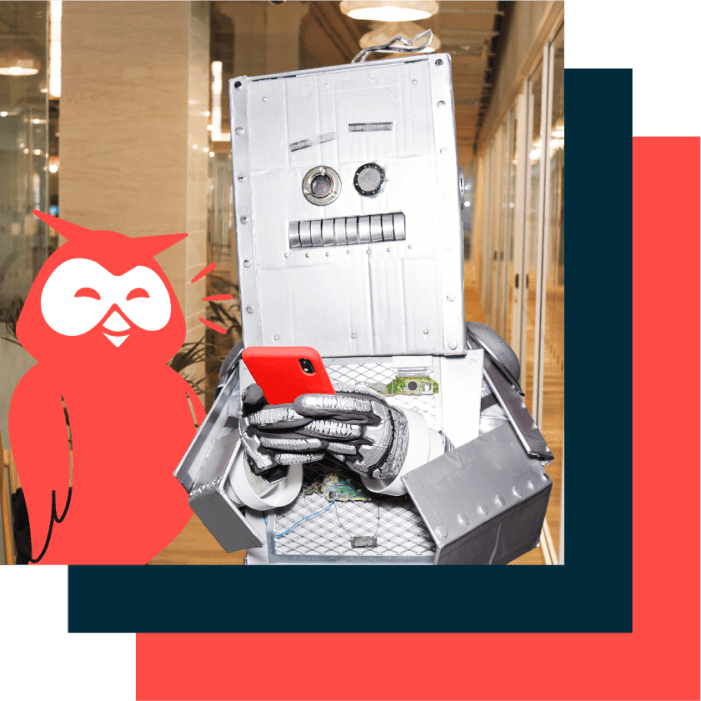 Owly with robot using a smartphone